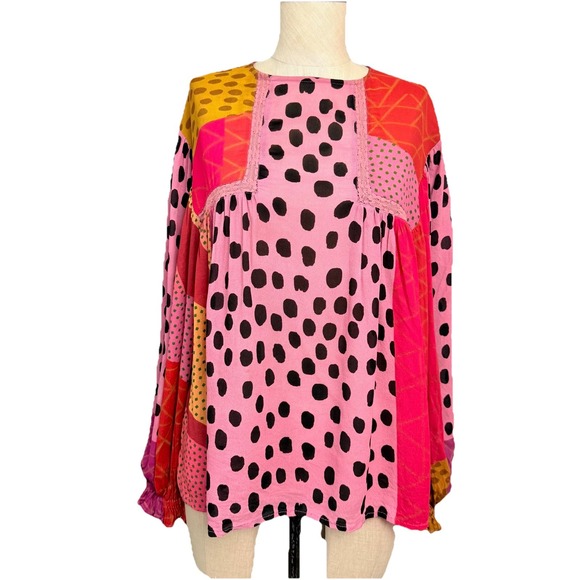 Blank London Tops - Blank London Anthro Pink Multi Polka Dot Boho ‎ Blouse S Long Sleeve Flowy Art